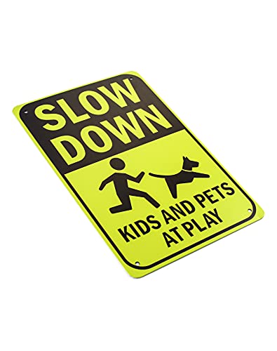 QWORK® Slow Down Sign, "Kids and Pets at Play" Street Sign Warning Plaque Waterproof Anti-Glare 8" x 12" (20 x 30 cm), 2 Pack - Image 2