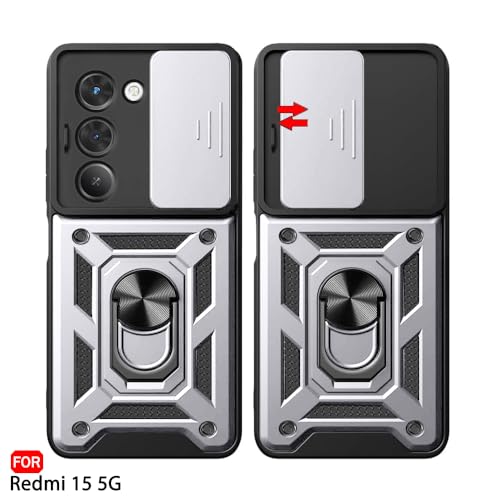 Image of TheGiftKart Tough Armor Bumper Back Cover Case for Mi Redmi 15 5G | Sliding Camera Cover, Kickstand & Ring Holder | 360 Degree Protection Back Cover Case for Redmi 15 5G (PC & TPU, Silver)