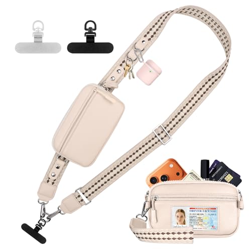 YFWE Clip and Go Phone Strap with Crossbody Wallet Adjustable Phone Lanyard with Detachable RFID Wristlet Wallet Anti-Theft Leather Purse with ID Window for Travel Essentials (Cream)