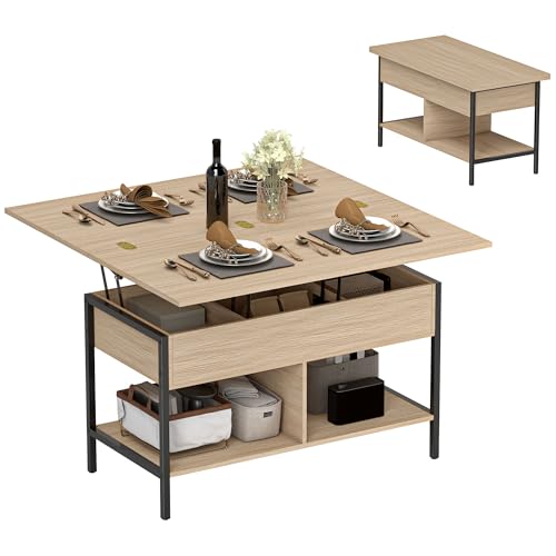 HOMCOM Table Basse relevable et Extensible, Table de Salon avec Plateau Pliant, Compartiment caché et étagères Ouvertes, Style Moderne, pour Salon, Bureau, Manger, 98 x 49 x 55 cm, Bois Naturel