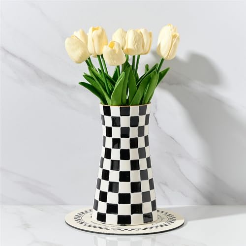 SIDUCAL Elegant Black and White Checkered Pattern Ceramic Vase – Modern Home Décor Flower Vase for Living Room, Office, Dining Room, Shelf, Entryway, Wedding, Table