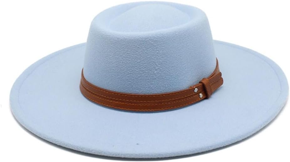 Wide Brim Fedora Hat with Brown Leather Band, Black Wool Blend, Western Style