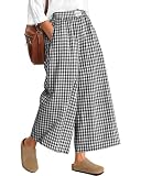 Neer Pantalones Cuadros para Mujer Culotte Vichy de Caída Oversize Cintura Elástica Pantalones Palazzo con Bolsillos(XXL,Cuadros Blancos y Negros)