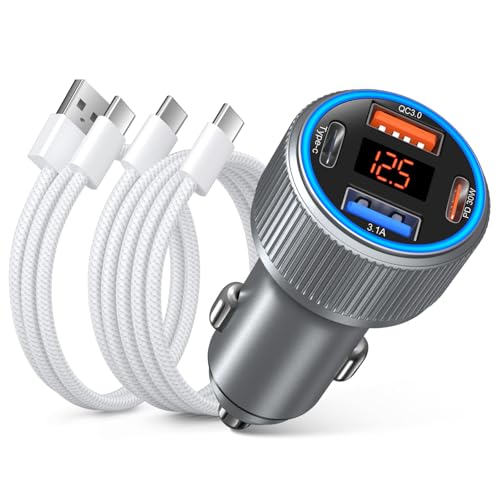 4-Port USB C Car Charger for iPhone 17/16e/15 Pro Max, 65W Multi Port PD+QC 3.0 Fast Charging Dual 12V USB-C&USB-A Car Charger Cigarette Lighter Adapter Voltmeter for iPhone Air 17 16 15 Pro