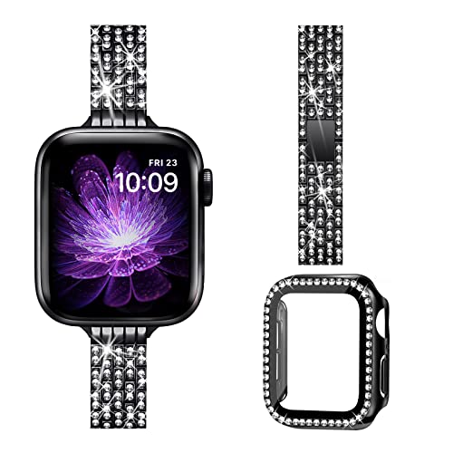 Photo 1 of LovRug Band with Case Compatible with Apple Watch 38mm 40mm 42mm 44mm iWatch Series 6/5/4/3/2/1 / SE, Slim Jewelry Bling Diamond Rhinestone Replacement Metal Strap for women Black 42mm(Band+Case)