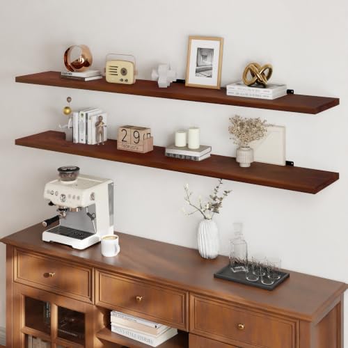 Image of 60 Inch Long Floating Shelf for Wall, 2 Tier Solid Wood Floating Book Shelf, Walnut Large Wall Shelf with Heavy Duty Brackets, Floating Bookshelf for Living Room