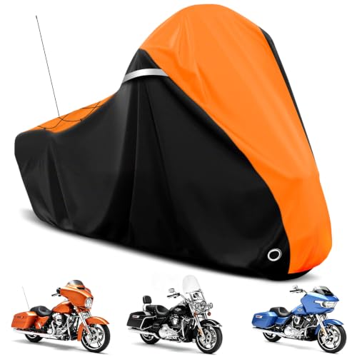 Image of COVERVIN Motorcycle Cover for Harley Davidson Touring Road King Road Glide Electra Glide Street Glide Low Rider-ST Heritage Classic HD Goldwing, All Weather Waterproof Cruiser Cover, Black&Orange