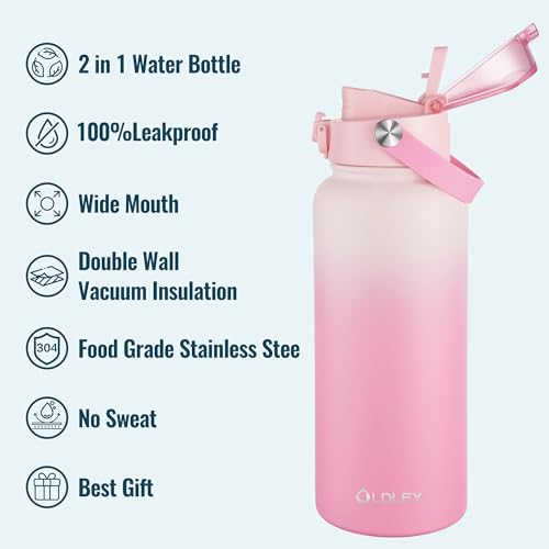 Image of OLDLEY 32oz Insulated Water Bottle with 2-in-1 Straw & Chug Lid, Leakproof Stainless Steel Bottle, Double Wall Vacuum Insulated Water Bottle for Sports, Gym, Travel,Blush Ombre