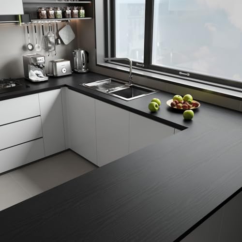 Abyssaly Black Vinyl Wrap Self Adhesive Wallpaper, Wood Effect Sticky Back Plastic Roll for Furniture, Removable Peel and Stick Wallpaper Decorative Furniture Kitchen 30cm X 200cm