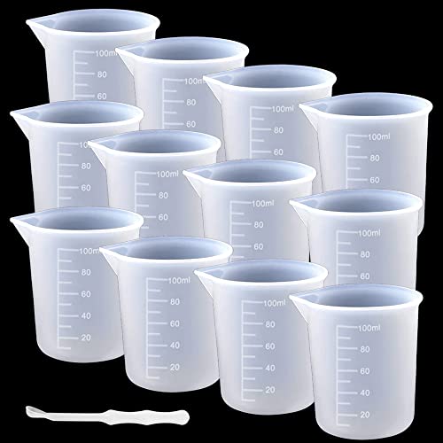 DIFIT Taza medidora de 100 ml, taza de silicona para resina de resina epoxi, palillos mixtos, para mezclar resina, epoxi, moldes de fundición (12 unidades)