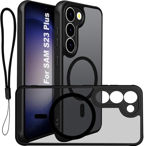 Image of USTIYA Magnetic Case for Samsung Galaxy S23 Plus S23+ Case Matte Acrylic Heavy Duty Camera Protector Cover Case Cell Phone Accessories with Strap Lanyard Black FGCX