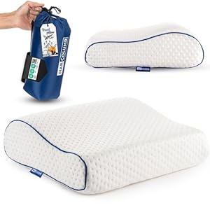Travel & Camping Comfortable Memory Foam Pillow – Easy to Carry Portable Bag – Temperature Regulating Pillow Case – Perfect for Travelling (White Contour)