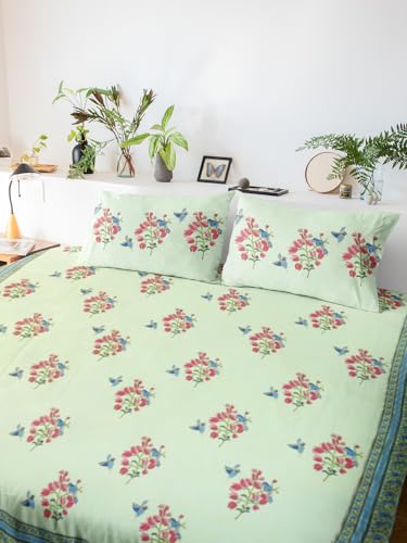 Image of Bougainvillea Premium Hand Block Printed Bedsheet | Bed Spread Flatsheet Bed Sheet | Pure Cotton | Double Bed Queen Size 90 inchx108 inch | 300 TC Long Staple Cotton | 2 Pillow Covers | Floral Print