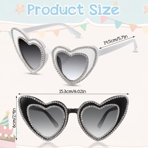 Larrel Rhinestones Heart Sunglasses for Women, 2 Pcs Vintage Wedding Sunglasses Bridal Party Sunglass Couple Gifts for Women Girls Adults Dress up Bachelorette Party Decorations(Black, White)2