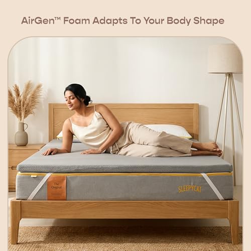 Image of SleepyCat Aeroflow Foam Mattress Topper | 2 Inch Cooling Bed Topper with Ventilation Channels for Airflow | Elastic Straps for Secure Fit | Machine Washable Cover | (Grey, King Size, 78x72x2 Inch)