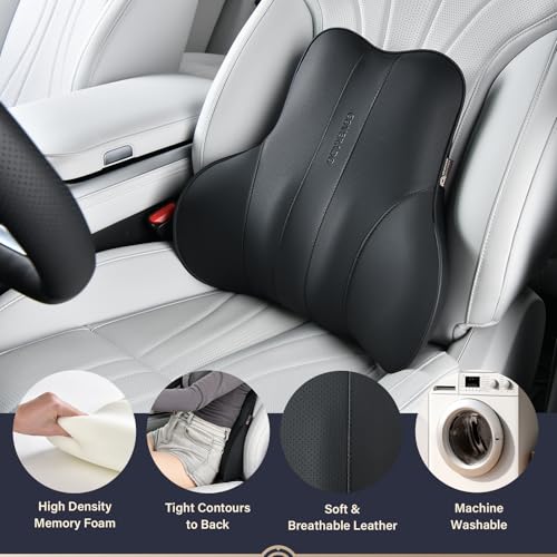 Image of Coverado Lumbar Support Pillow for Car, Ergonomic Memory Foam Back Pillow for Office Chair, Back Cushion for Back Pain Relief, PU Leather Car Lumbar Support for Driving Seat - Black