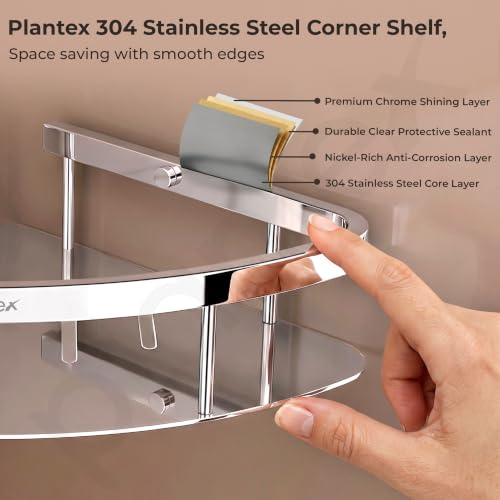 Image of Plantex Bathroom Corner Shelf for Wall Mount /304 Grade Stainless Steel Corner Shelf for Bathroom with Railings /Bathroom Accessories - Pack of 2 (9x9 inches, Chrome)