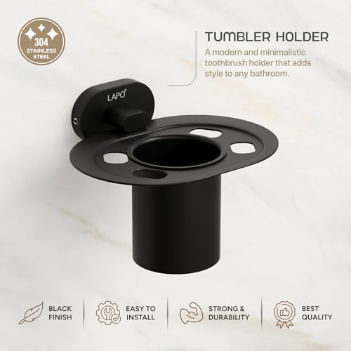Image of LAPO Modern Tumbler Holder for Bathroom, 304 Stainless Steel Wall Mounted Cup Stand for Toothbrush & Daily Essentials, 25 Years Warranty (Black Finish) - KIK