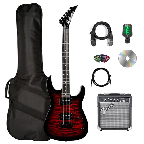Image of Jackson JS Series Dinky JS11Q Electric Guitar - Transparent Red Bundle with Frontman 10G Amplifier, Gig Bag, Tuner, Strap, Cable, Picks, and Austin Bazaar Instructional DVD