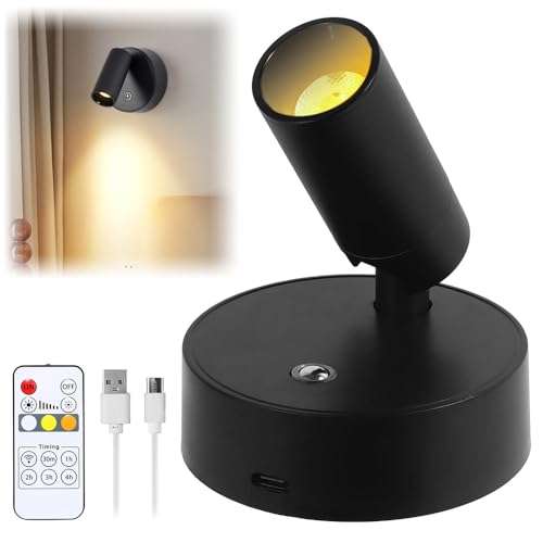 Dhqkqg Wireless LED Spotlight, Rechargeable LED Wall Lights with Remote, 3 Colors & Dimmable Magnetic 360° Rotation Wall Lighting Spotlights, Picture Light Battery Operated for Artwork, Plant, Potrait