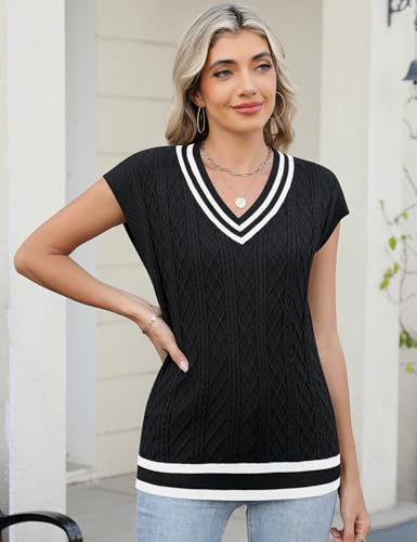 Women's Casual V Neck Sweater Vest Short Sleeve Chunky Knit Loose Pullover Sleeveless Lightweight Ladies Trendy Knit Vest3