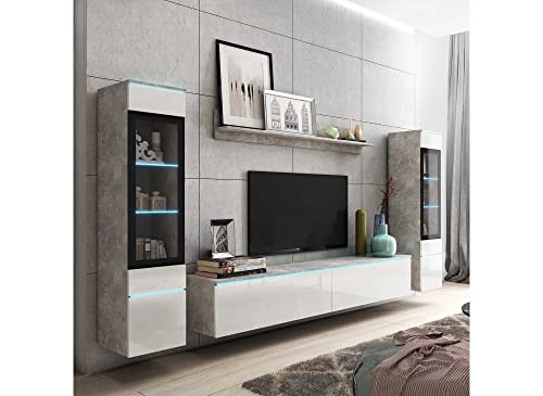 Deco In Paris Meuble TV Contemporain Gris béton et Blanc laqué avec LED - Veronica XL, 240x33x130