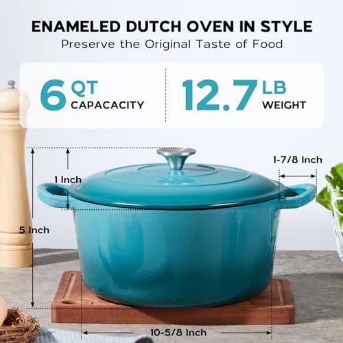 Onader Enameled Cast Iron Dutch Oven, 6 QT Dutch Oven Pot with Lid, Heavy Duty Cookware for Sourdough Bread Baking - Dark Cyan