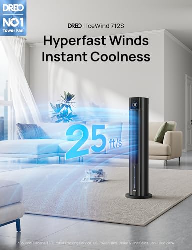Image of DREO Evaporative Air Swamp Cooler, 43 inch Cooling Fans that Blow Cold Air 2025 Upgraded, 85 Oscillating Floor Fan for Bedroom, Easy Cleaning, APP Control, Ice Packs, 4 Speeds & 4 Modes, 12H Timer, Black