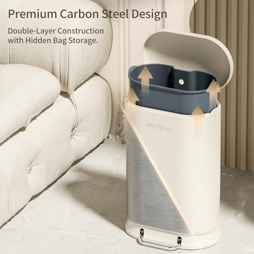 Image of MRBIN Metal Kitchen Trash Can with Lid, 30L / 7.9gal Commercial Step Waste Basket for Bathroom, Medium Office Garbage Pail with Stainless Steel Foot Pedal for Near Desk, Bedroom, RV, White