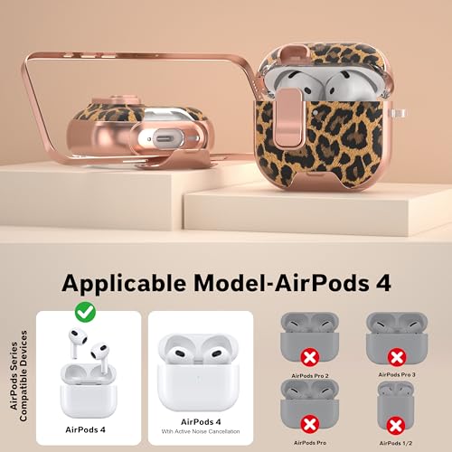 Image of for AirPods 4 Case 2025 with Safety Lock & Foldable Phone Stand, Leopard | Double Drop Protection,Two-Piece Design, Airpod 4 Case with Keychain & Cleaner Kit, Support Wireless Charging, Shockproof