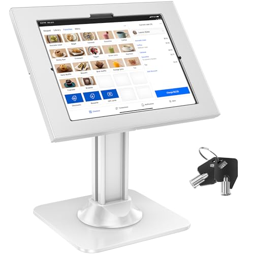 AboveTEK Anti-Theft iPad Kiosk Stand POS iPad Security Mount with 360 Swivel & 75 Tilt Heavy Duty Tablet Kiosk Desk Holder for Retail & Business POS Systems (White)