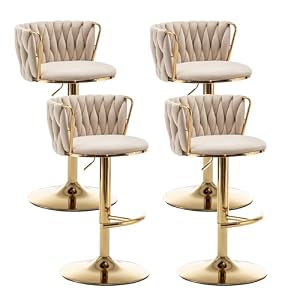 Gold Velvet Bar Stools Set of 4, Swivel Counter Height Bar Stools with Back, Adjustable Woven Barstools for Kitchen Island, Pub, Club (Beige) Gold Velvet Bar Stools Set of 4 Swivel Counter Height Bar Stools with Back Adjustable Woven Barstools for Kitchen Island Pub Club Beige