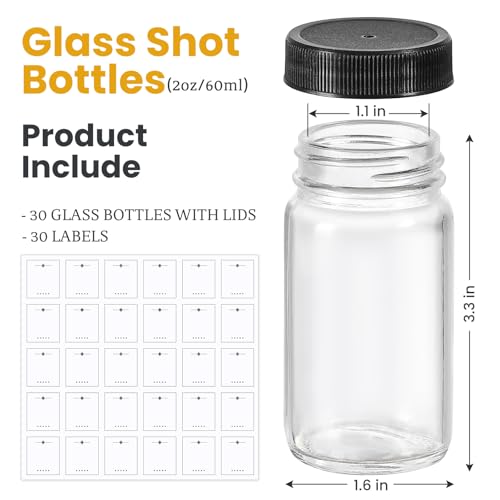 30 Pack 2 oz Glass Shot Bottles w/ Black Lids & 30 Labels - Small Clear Jar for Ginger, Wellness Shot, Juice, Sample, Whiskey - Travel Essentials Mini Bottles - Wide Mouth, Leakproof, Dishwasher Safe2