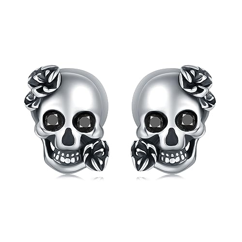 925 Sterling Silver Skull Earrings Gothic Skull Rose Stud Earrings for Men Black Diamond Eye Skull Jewelry Women Hypoallergenic Halloween Earrings Gift