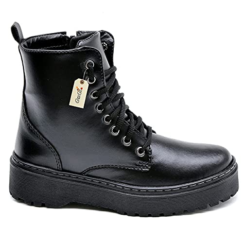 Bota Coturno Militar Feminino Blogueira Cano Alto Com Cadarço Sola de Borracha Antiderrapante 202-GG Cor:Preto;Tamanho;37