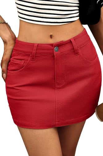 ELLEVEN Mini Jean Skirts for Women Denim Casual Trendy Summer Y2K Cute Sexy Fashion High Stretchy Low Waist Silm Fit Hot Going Out Classic Low Rise Skort Streetwear Red Large