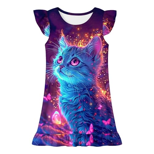 Girls Flutter Sleeve Summer Party Dresses Cute Graphic Printed Crewneck Ruffle Hem Casual Sundress for Kids 3-13 Years