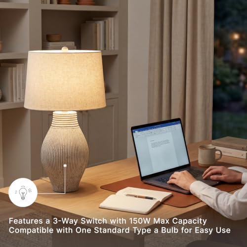 Signature Design by Ashley Layal Modern Table Lamp, Textured Paper Composite Base, Modified Drum Shade, 3-Way Switch Lighting for Living Room or Bedroom, 16 Inch Diameter, Beige by Signature Design by Ashley - Used condition - Image 2