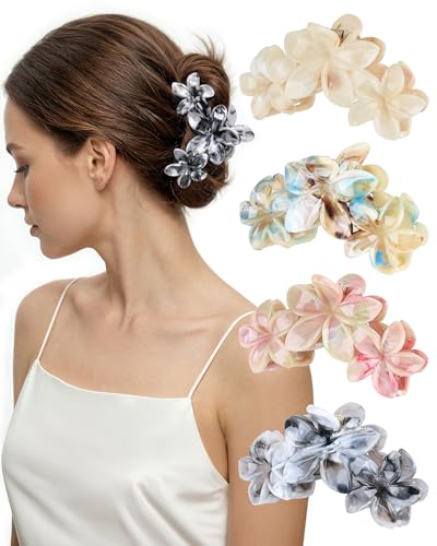 lulir 4PCS Large Flower Hair Claw Clips for Women 3D Plumeria Non-Slip Strong Hold Hair Clips for Thick Thin Hair Matte & Gradient Color Hawaiian Claw Clips for Long Curly Straight Hair