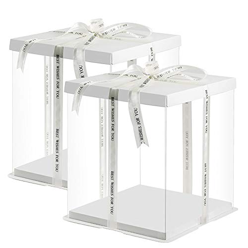 YOUNGTION 10x10x9.5 Large Cake PET Clear Box for 8 Cake of Bakery, Gift Box for Birthday, Christmas Day, New Year, Transparent Gift Box with White Base and Lid 2 Pack