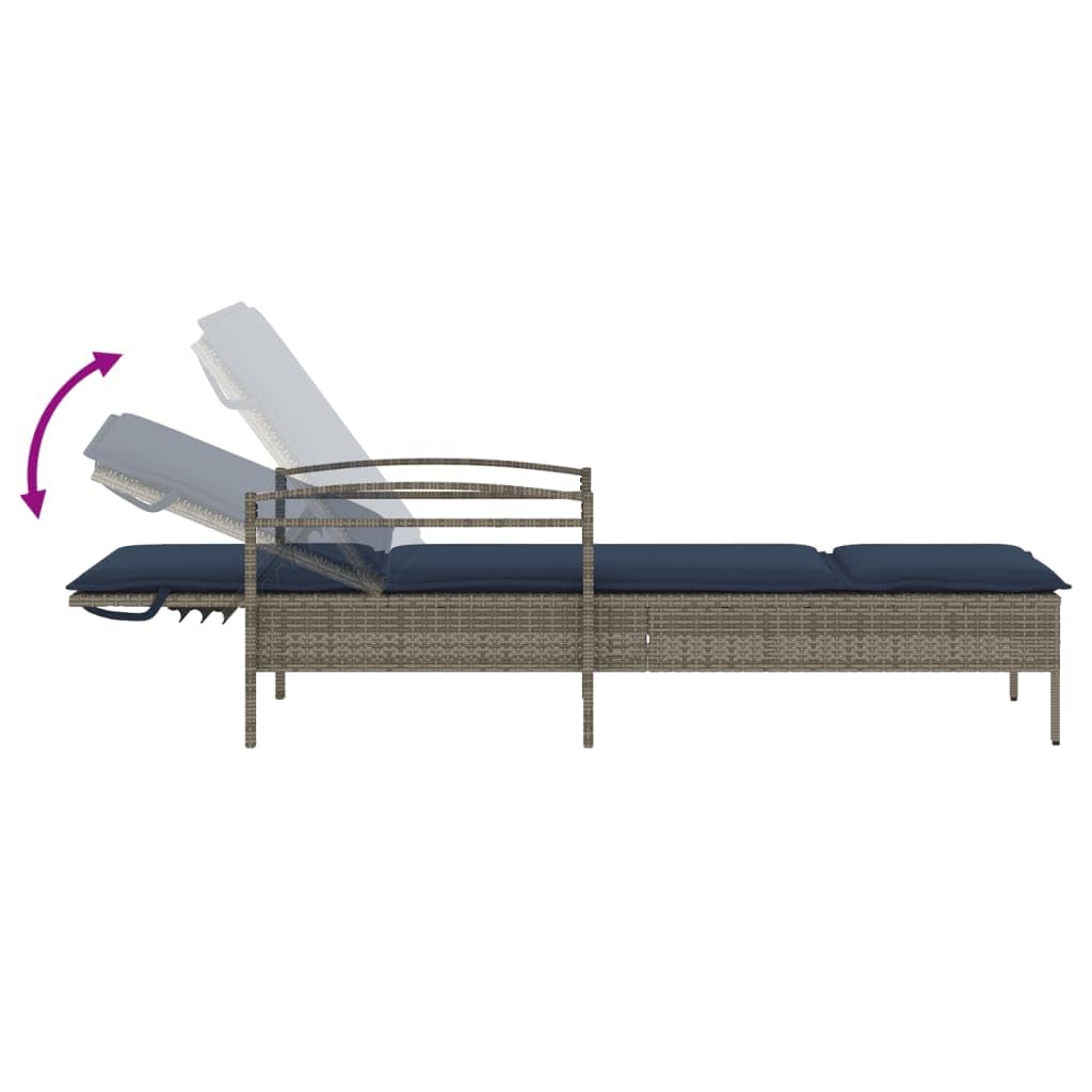 Lettino Prendisole in Polyrattan Grigio con Cuscino Blu Navy | Sdraio da giardino reclinabile in 3 posizioni, ideale per terrazza, bordo piscina e solarium esterno.