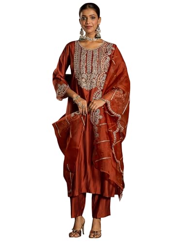 Image of INDO ERA Women's Liva Embroidered Straight Kurta & Pant With Dupatta Set (SHUTR6718)