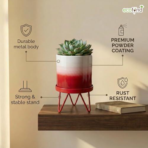Image of ecofynd Lucas Metal Plant Pot with Red Stand, Modern Style Planter Set, Indoor Outdoor Home Decor Item for Garden Plants Flower, Balcony, Patio, Living Room, Garden, Bedroom (PWS032-WHTRED)