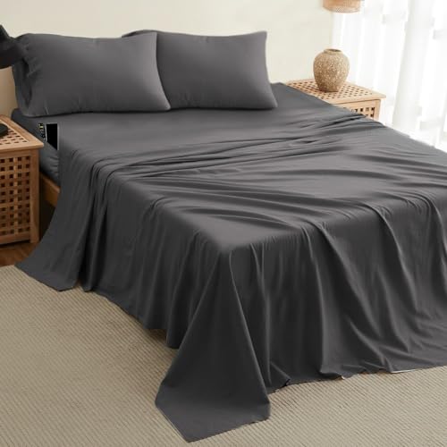 DREAMCARE King Size Sheets Set – 4 pcs Super Soft & Lightweight Cooling Sheets – up to 21” Deep Pocket King Sheet Set – Hotel Luxury Sheets & Pillowcases – 100% Fine Microfiber with Side Pocket Gray