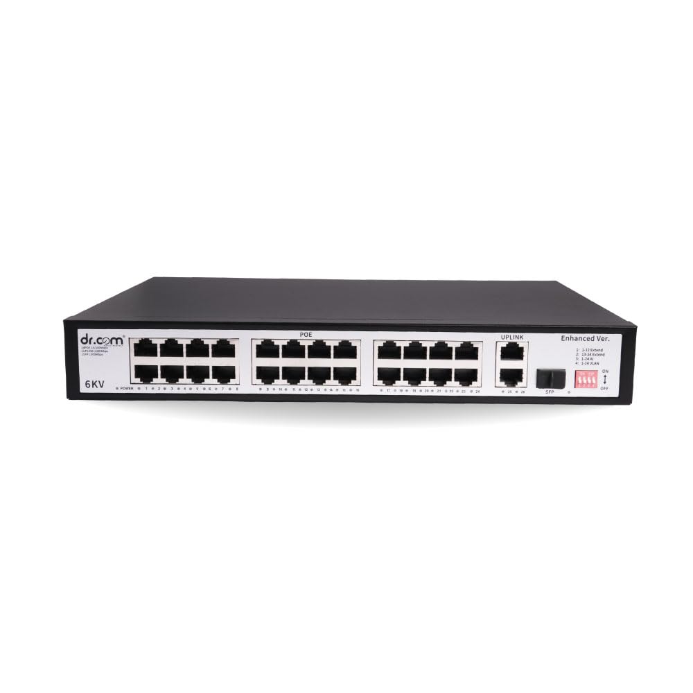 DR.COM 27 Port PoE Switch with 24 PoE Ports 2 Uplink Ports and 1 SFP Slot 10/100 Mbps 320W Power IEEE 802.3af/at Network Switch for CCTV IP Camera Plug and Play Rackmount Metal Body Black-image-10