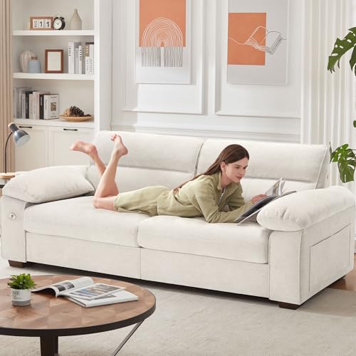 Image of Ihanherry 90.5 inch Modern Sofa 2-Seater Couch for Living Room, Chenille Pillow-Armrest with Extra Large Seat Width, USB /Type-C Charging Port & Side Pocket, Removable Medium Firm Cushion(Beige)
