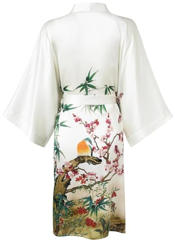 Image of Women's Silk Kimono Robe Short Bathrobe Nightgown 100% Mulberry Silk for Women - Classic Floral Pattern