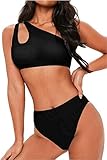 FAFOFA Women's Two Pieces Swimwear One Shoulder Crop Top + High Waist Bottom Bikini Set Outfit L...