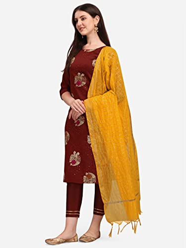 Image of VredeVogel Cotton Silk Blend Straight Embroidery Kurta Pant and Dupatta Set for Women