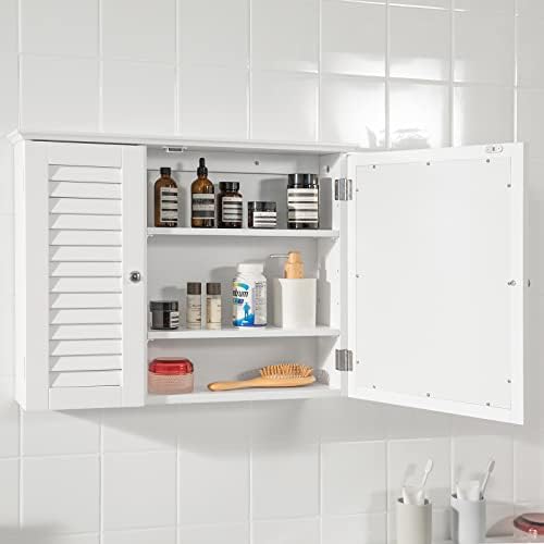 SoBuy BZR55-W szafka z lustrem z drzwiami lamelowymi, szafka wisząca z drzwiami z lustrem, szafka ścienna, mebel łazienkowy, lustro ścienne, lustro łazienkowe, białe, szer. x wys. x gł.: 65 x 49 x 15